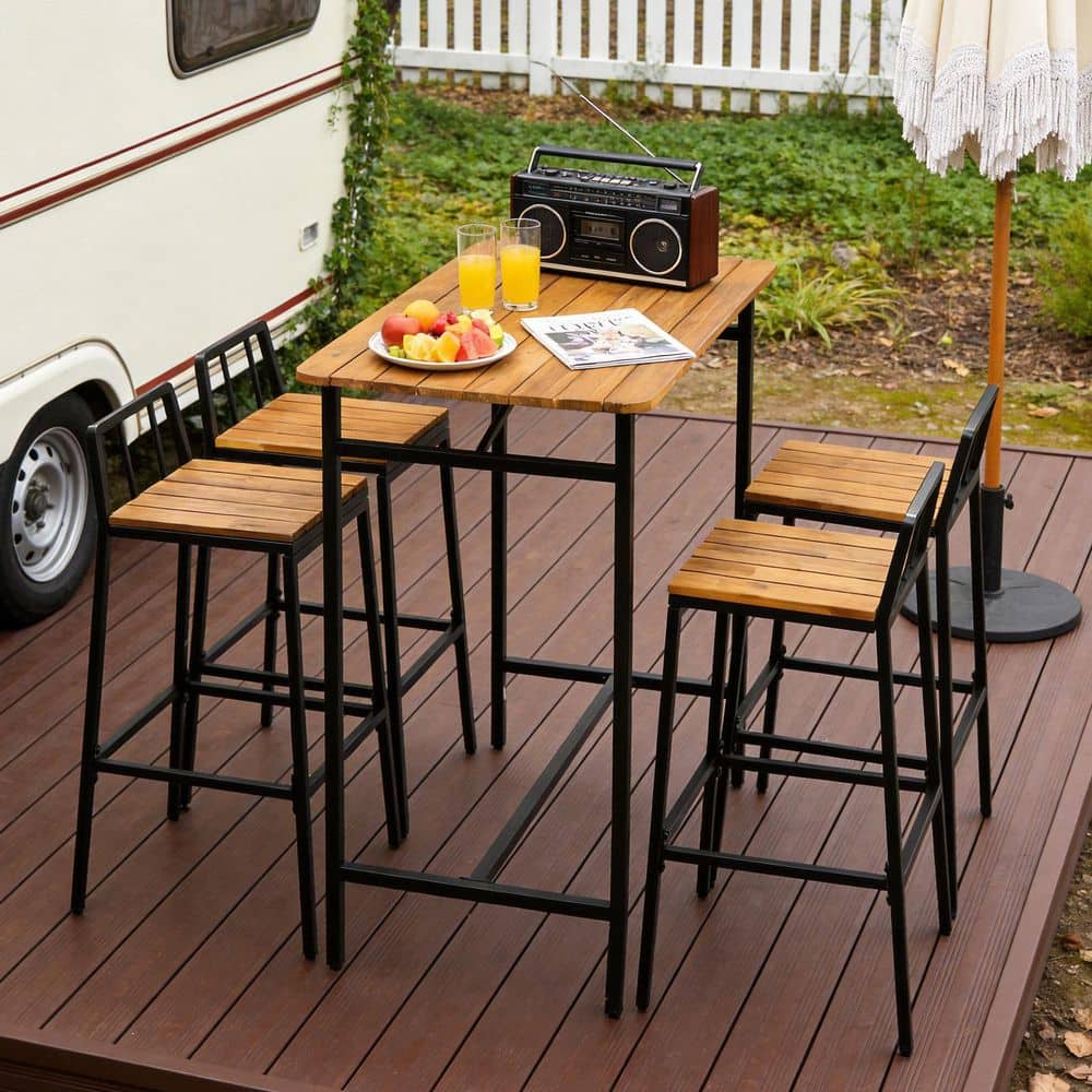 Karl home Black Metal and Acacia Wood Square Bar Height Outdoor