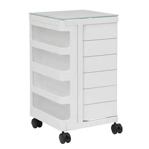 Kubx 14 in. W x 14.5 in. D x 25 in. H Plastic Mobile Storage Cart with Glass Top in White