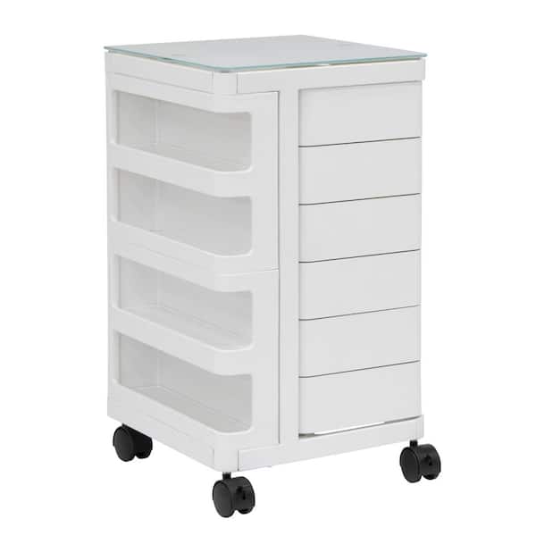 Studio Designs Kubx 14 in. W x 14.5 in. D x 25 in. H Plastic Mobile Storage Cart with Glass Top in White