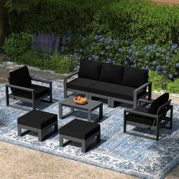 Endless Gray Frame with Black Cushions Outdoor 8-Piece All Weather Plastic Sofa Lounge Chair Patio Conversation Set