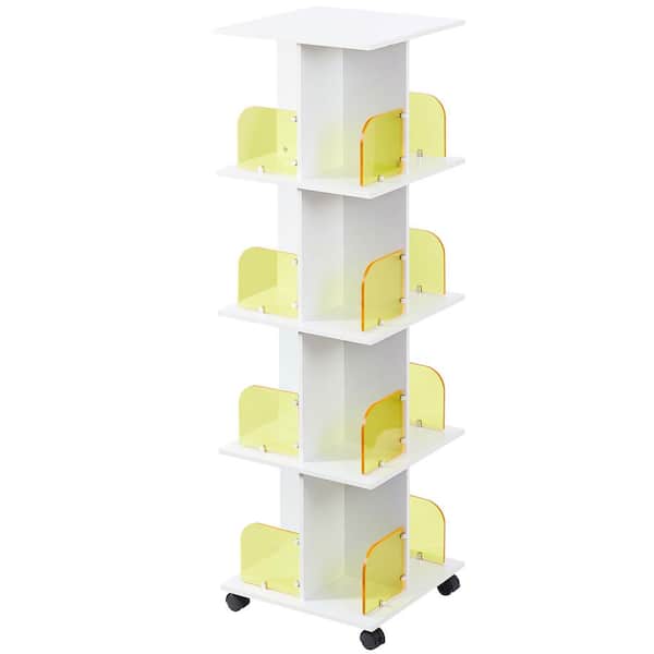 Bookcase Rotating Bookshelf, 50.39 in. Tall White Wood 4-Tier Shelf 360° Bookcase with Wheels and Acrylic Windows