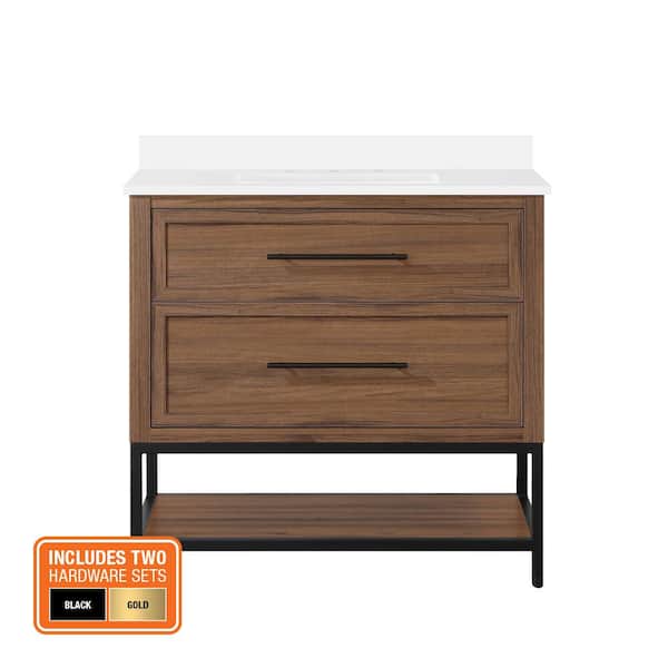 Corley 36 in. Single Sink Spiced Walnut Bath Vanity with White Engineered Stone Top (Assembled)