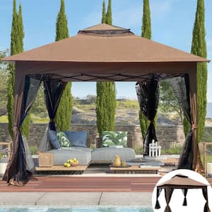 11 ft. x 11 ft. Brown Outdoor 2-Tier Soft Top Pop Up Gazebo Canopy With Removable Zipper Netting（Gazebo）