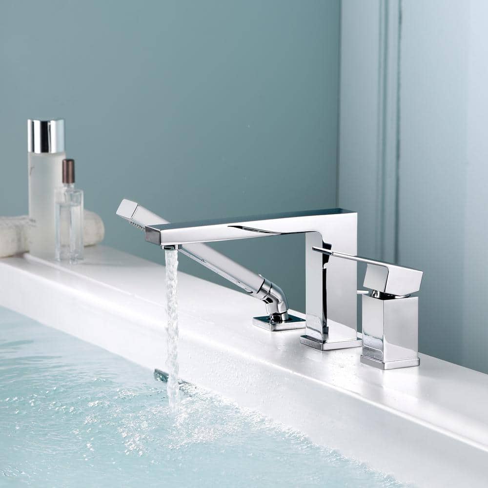 Chrome Single Handle Deck Mounted Roman Tub Faucet with Hand Shower