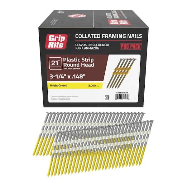 Grip-Rite 3-1/4 in. x 0.148 in. 21° Plastic Collated Bright Coated Smooth Shank Round Head Framing Nails 3000 per Box