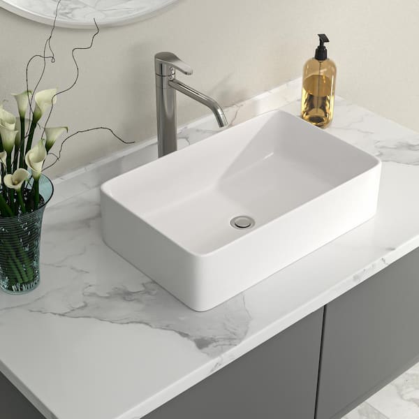 21 in. W x 14 in. D Rectangle White Ceramic Bathroom Vessel Sink Above Counter Porcelain Art Basin