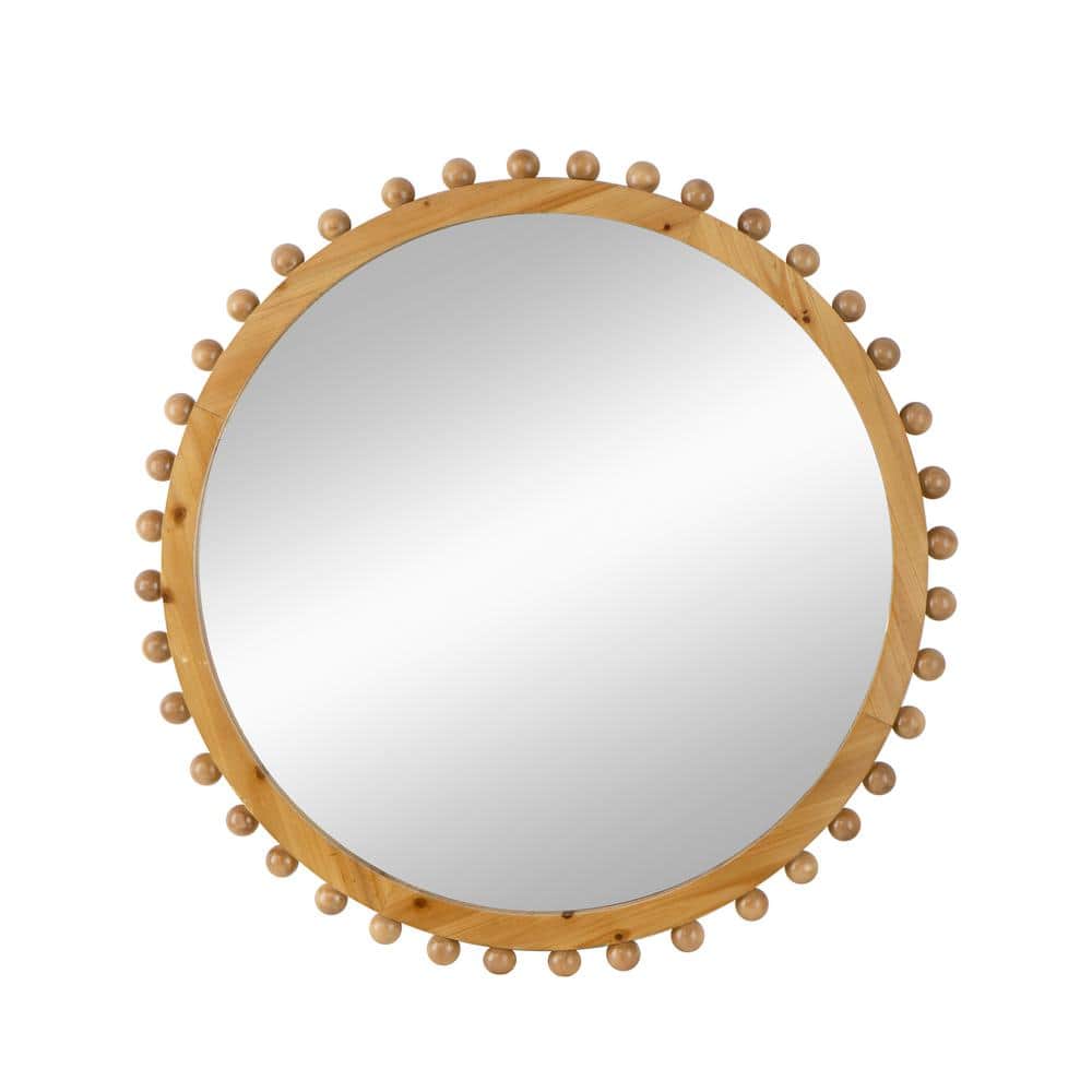 34 in. W x 34 in. H Round Fir Wood Framed Wall Bathroom Vanity Mirror in Br