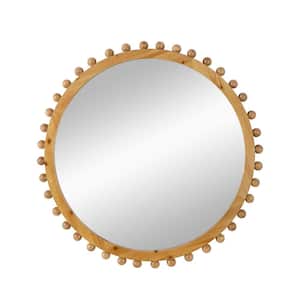 34 in. W x 34 in. H Round Fir Wood Framed Wall Bathroom Vanity Mirror in Brown with Beaded Design