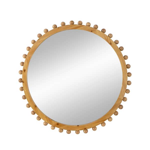Unbranded 34 in. W x 34 in. H Round Fir Wood Framed Wall Bathroom Vanity Mirror in Brown with Beaded Design