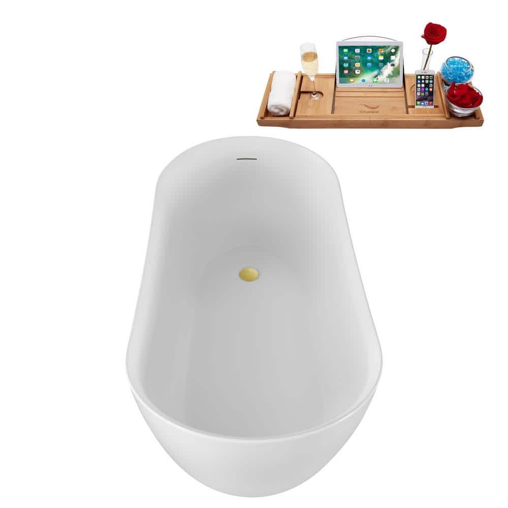 59" Glossy White Acrylic Freestanding Soaking Bathtub with Polished Gold Trim