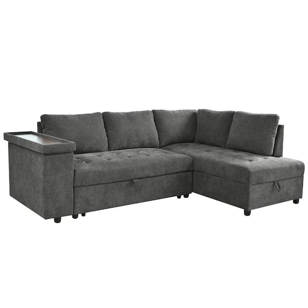 Noble House Hars 91.5 in. 3-Seater Convertible Sofa Bed with Storage Compartment and tray, Solid Wood Metal Frame, Dark Grey