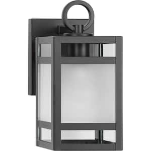 1-Light Matte Black Outdoor Lantern Parrish Clear and Etched Glass Modern Craftsman Small Wall Sconce No Bulbs Included
