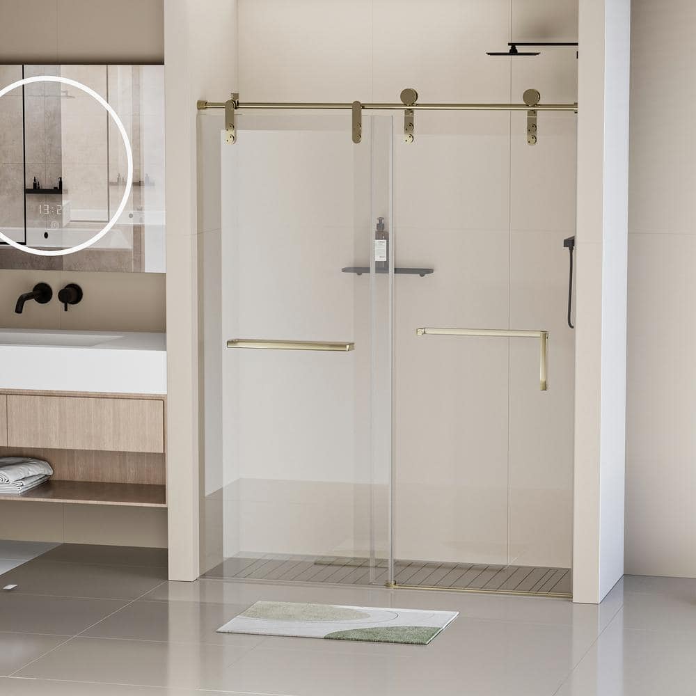 60" Gold Frameless Single Sliding Shower Door with Clear Tempered Glass