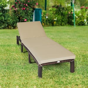Brown Metal Outdoor Chaise Lounge with Beige Cushions Adjustable Backrest
