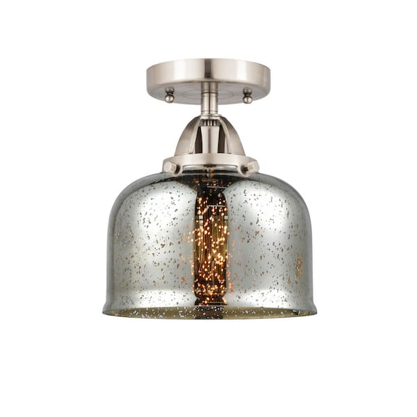 Bell 8 in. 1-Light Satin Nickel Industrial Semi-Flush Mount with Decorative Glass Shade