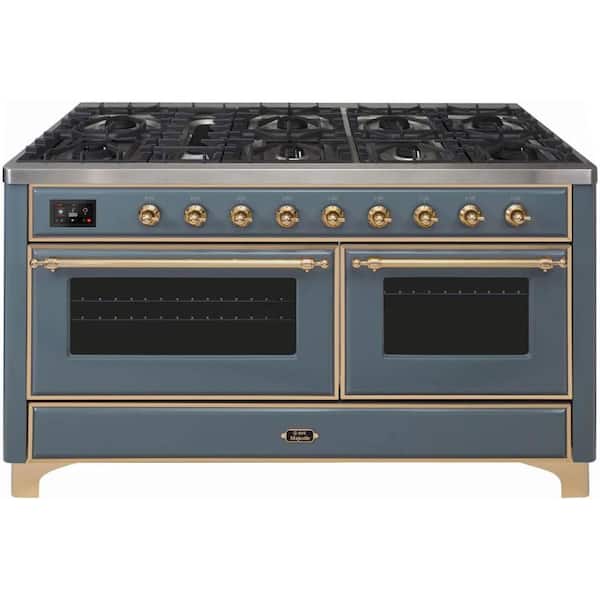 ILVE Majestic II 60 in. 8 Burner Plus Griddle Freestanding Double Oven Dual Range Range, in Blue Grey with Brass Trim