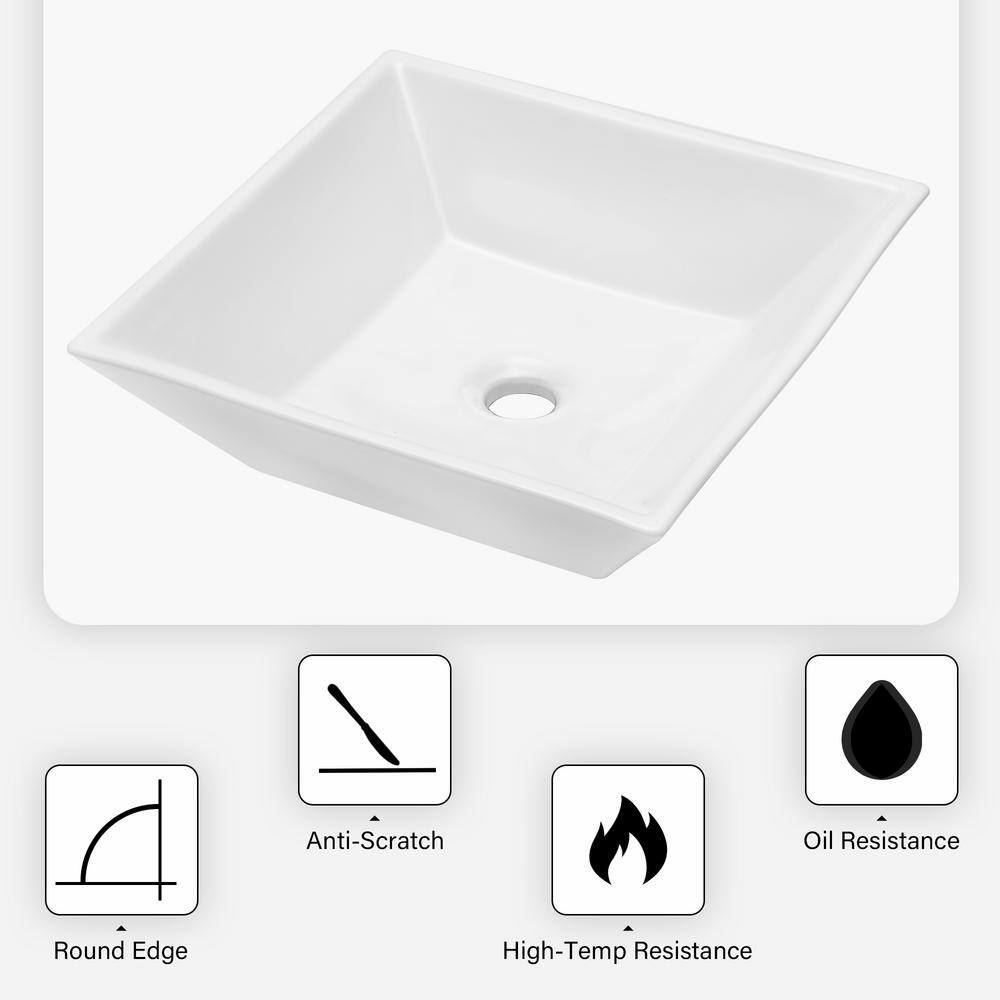 Sinber 16" White Square Ceramic Countertop Bathroom Vessel Sink