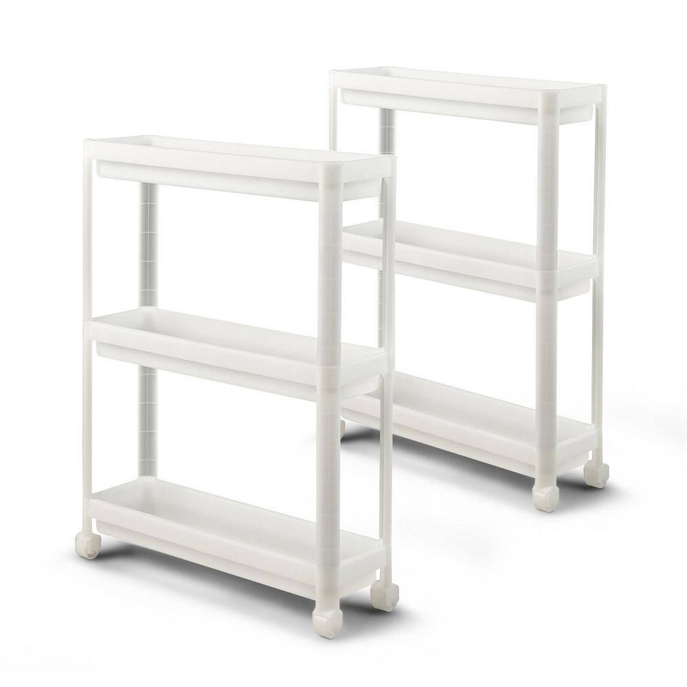 2-Pieces White 3-Tier Slim Storage Kitchen Cart with Drainage Holes and Whe