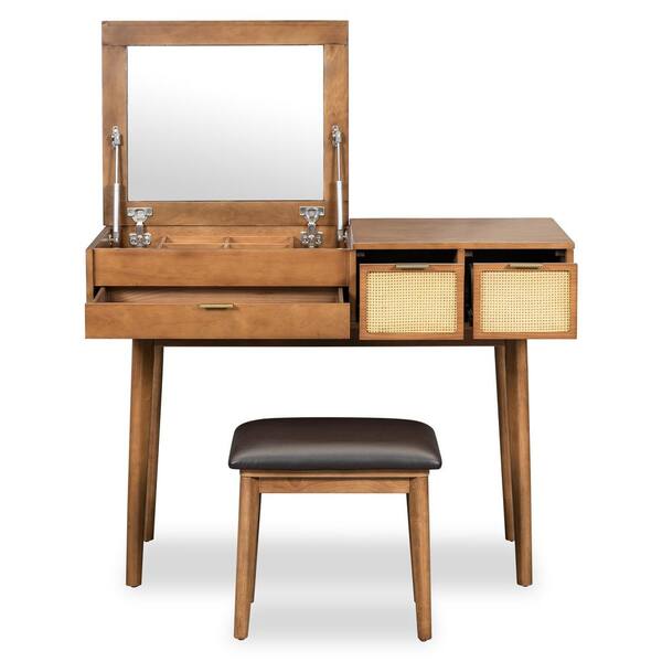 Vanity Dressing Table Set with 10 Dimmable Bulbs and Cushioned Stool Brown