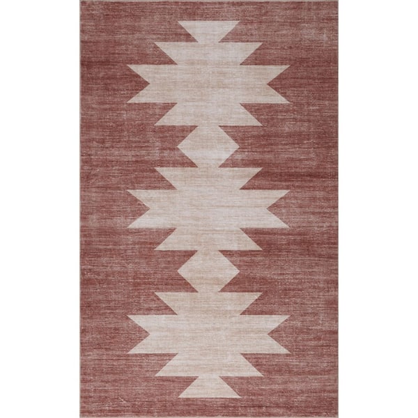 Peyton Minimalist Geometric Totem Non-Slip Machine-Washable Rose Clay/Cream 5 ft. x 8 ft. Area Rug
