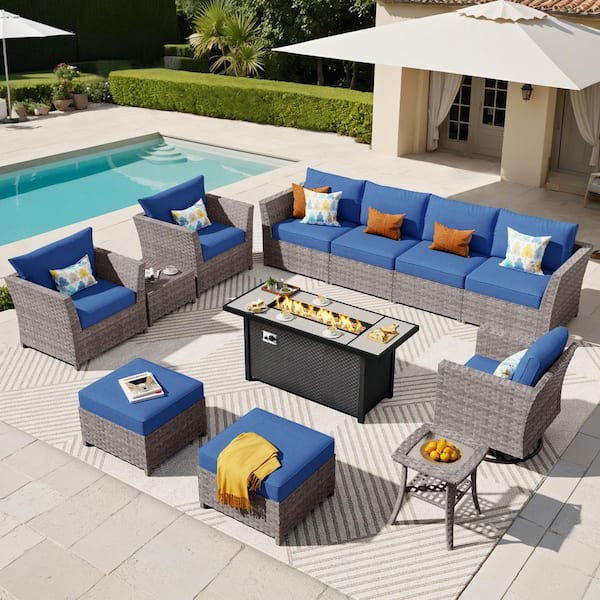 XIZZI Jasmine 12-Piece Wicker Patio Rectangular Fire Pit Set with Navy Blue Cushions and Swivel Rocking Chairs