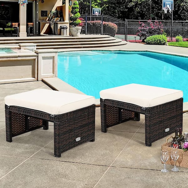 Unbranded 15.5 in. D x 19.5 in. W x 13 in. H Brown Wicker Outdoor Ottoman with Removable White Cushion (2 Pack)