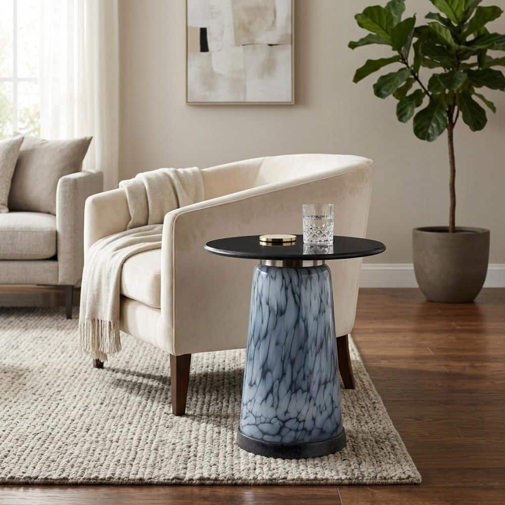 18 in. Blue Round Marble Top Tall Art Tapered Base End Table