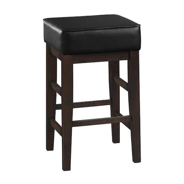 Benjara 26 in. Black and Espresso Brown Backless Wood Frame Bar Stool with Faux Leather Seat (Set of 2)