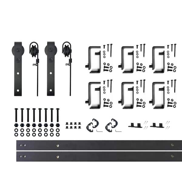 HOMACER 7.5 ft./90 in. Black Rustic Double Track Bypass U-Shape Sliding Barn Door Hardware Kit - Classic Design Roller