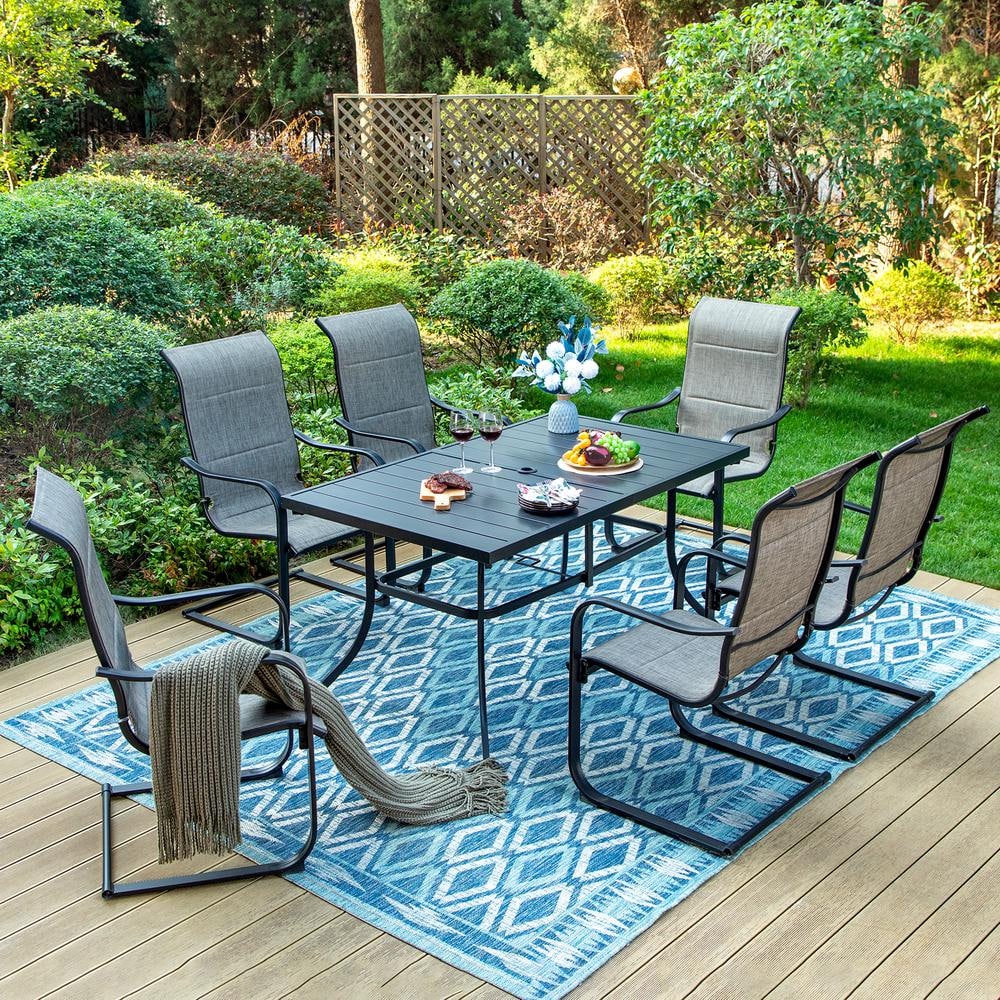 Black 7 Piece Metal Outdoor Patio Dining Set with Rectangle Table and C Spring Textilene Chairs
