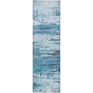 Mayfield Premium Machine Washable Abstract AMF2034 Blue 2 ft. x 7 ft. Runner Rug