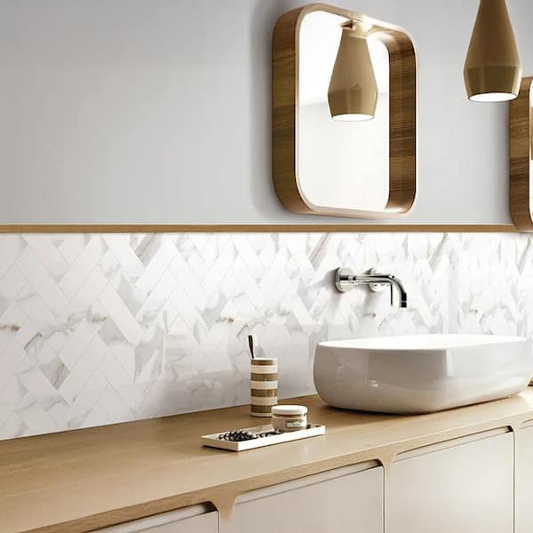 Veneto 11.1" x 12.36" Polished White with Gray-Gold Porcelain Herringbone Wall and Floor Tile 4.76 sq. ft./Case-5 Pack