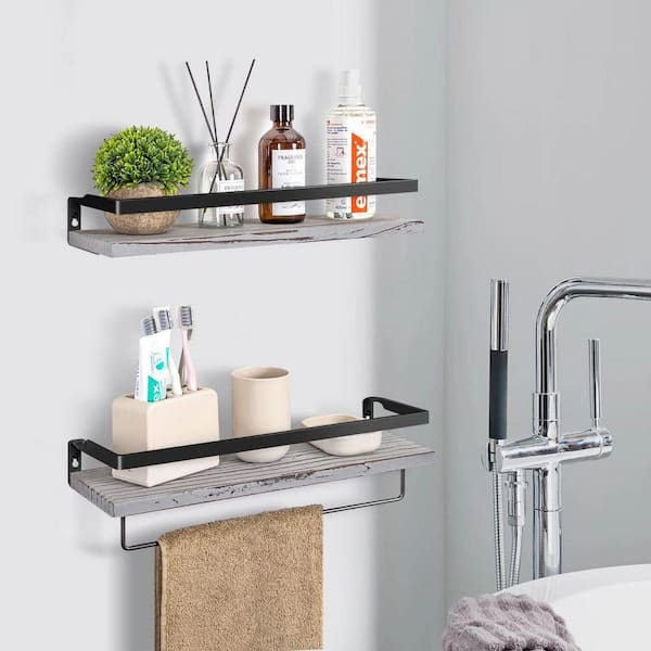 Dracelo 16.5 in. W x 5.9 in. D x 2.75 in. H Gray Bathroom Wall Mounted Floating Shelves with Towel Bar