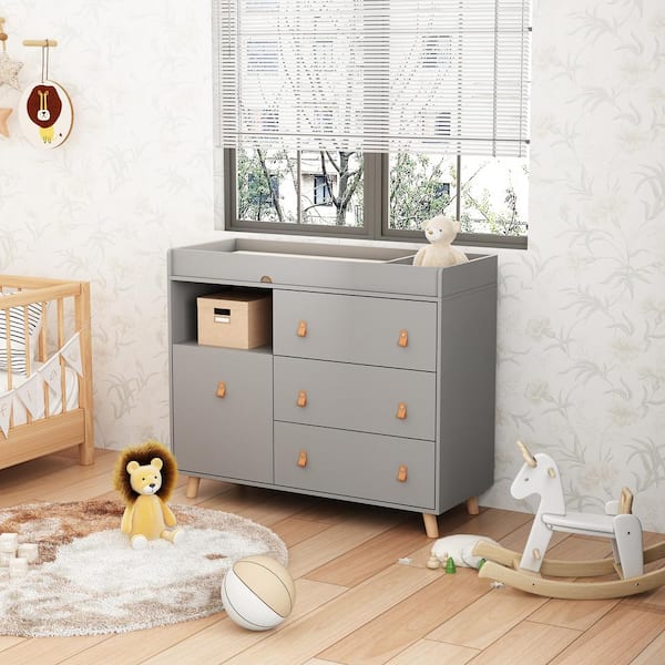 Gray 4 Drawers 44.9 in. Width Changing Table Kids Dresser Nursery Storage Organizer with Shelf