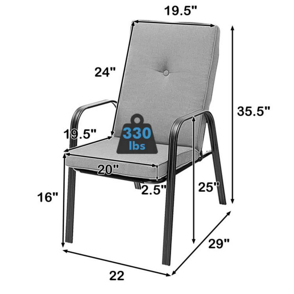 Black Steel Outdoor Dining Chairs with Grey Cushions, Set of 4