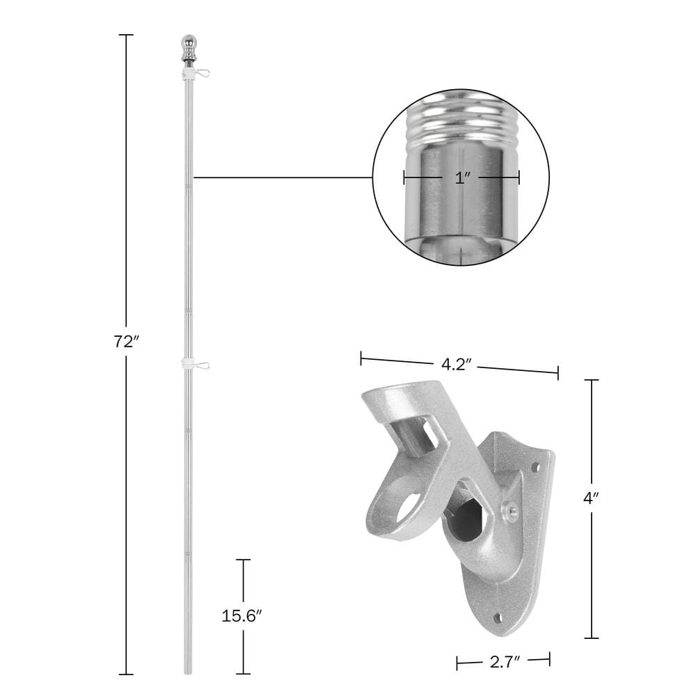 6ft Silver Stainless Steel Tangle-Free Flag Pole Kit