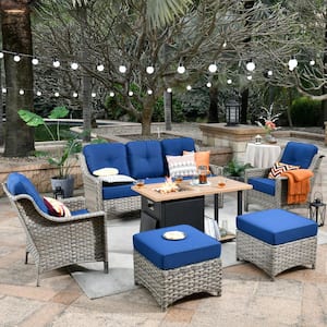 Tulip A Gray 6-Piece Wicker Patio Storage Fire Pit Conversation Sofa Set with Navy Blue Cushions