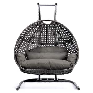 2-Person Charcoal Wicker hanging Double Egg Porch Swing Chair with Stand and Dark Grey Cushions