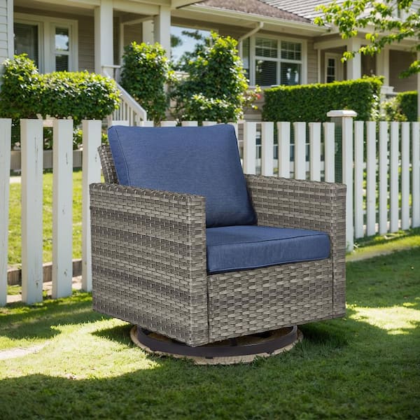 moosprr U-Foot Gray Swivel Glider Wicker Outdoor Rocking Chair with Blue Cushion (1-Pack)