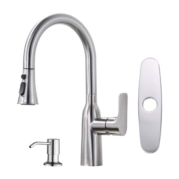Single Handle Pull Down Sprayer Kitchen Faucet with Soap Dispenser and Deckplate in Brushed Nickel