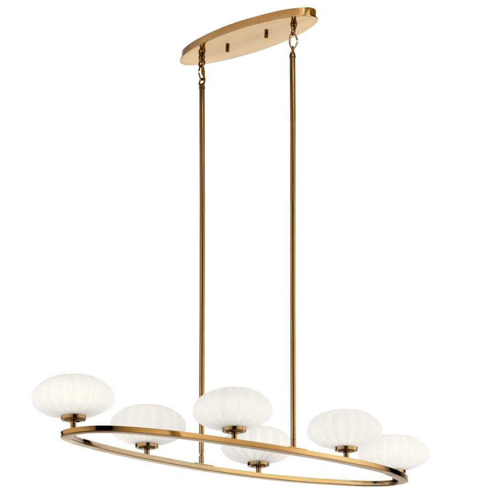 Mid-Century Modern Fox Gold 6-Light Oval Chandelier with Satin Etched Glass