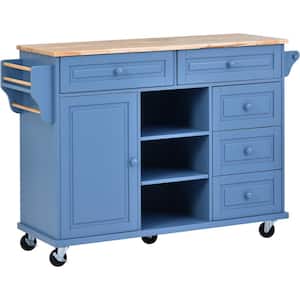 Blue Rolling Mobile Kitchen Island with Spice Rack, Towel Rack and Drawer and Rubber Wood Desktop