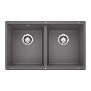 PRECIS Undermount Granite Composite 29.75 in. 50/50 Double Bowl Kitchen Sink in Cinder