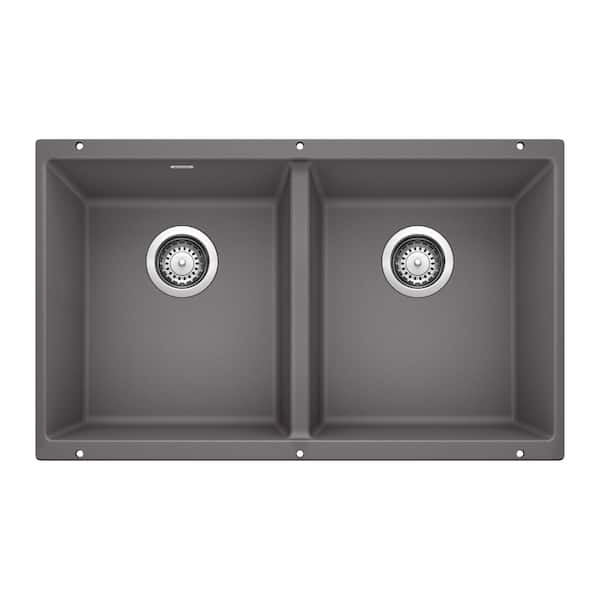 Blanco PRECIS Undermount Granite Composite 29.75 in. 50/50 Double Bowl Kitchen Sink in Cinder