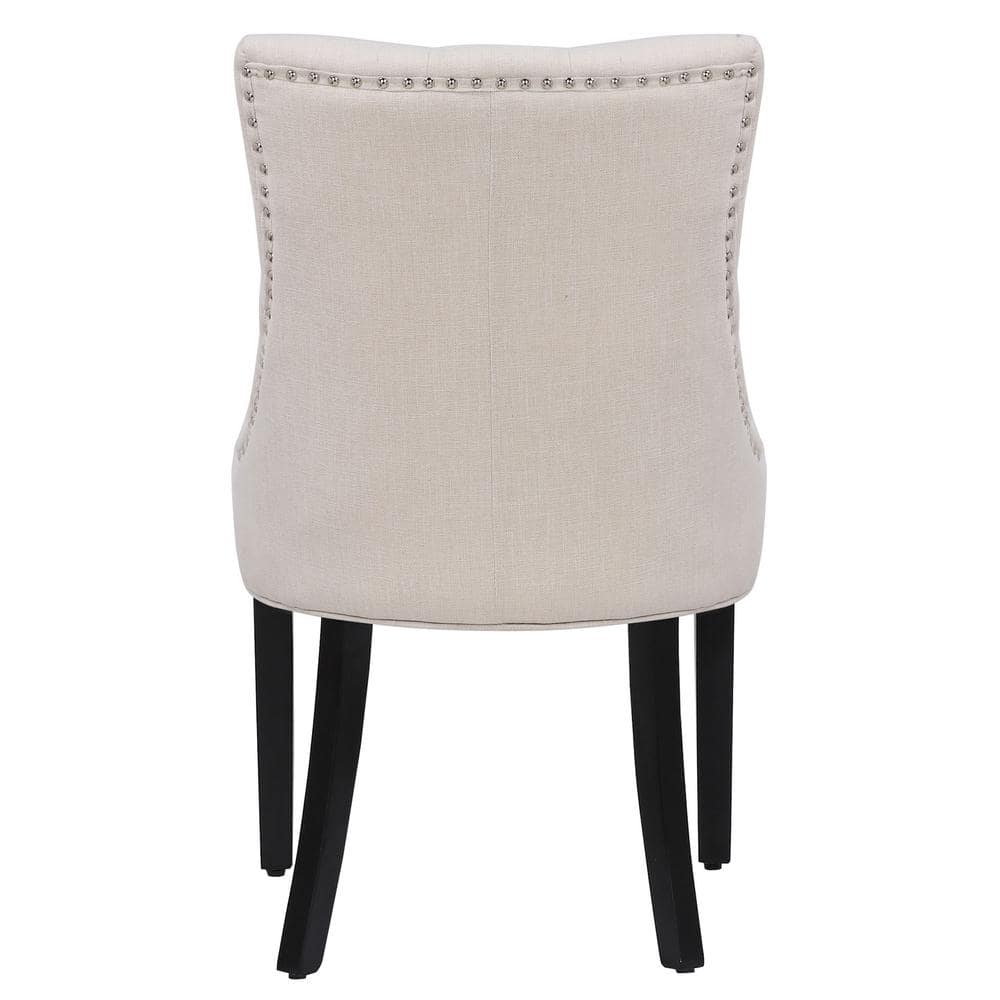 Beige Linen Tufted High-Back Wooden Side Chair