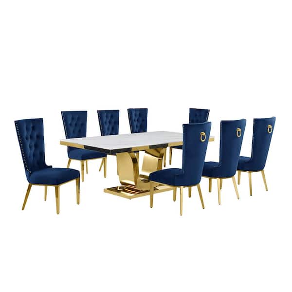 Best Quality Furniture Ada 9-Piece Rectangle White Marble Top With Gold Stainless Steel Dining Set With 8 Navy Blue Velvet Fabric Chairs
