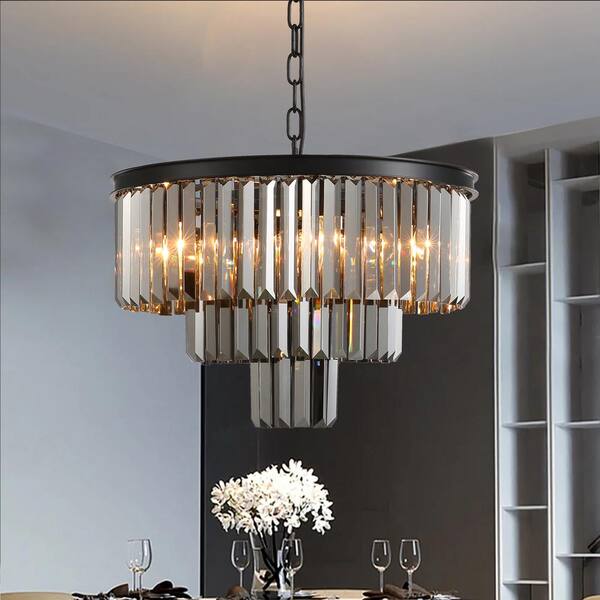 SILJOY 3-Tier Black And Smoked Crystal Chandelier 20 In. 6-Light Modern ...