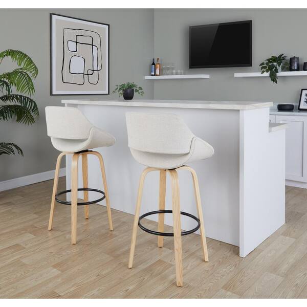 Lumisource Fabrico 29.5 in. Cream Noise Fabric, Natural Wood, and Black Metal Fixed-Height Bar Stool (Set of 2)