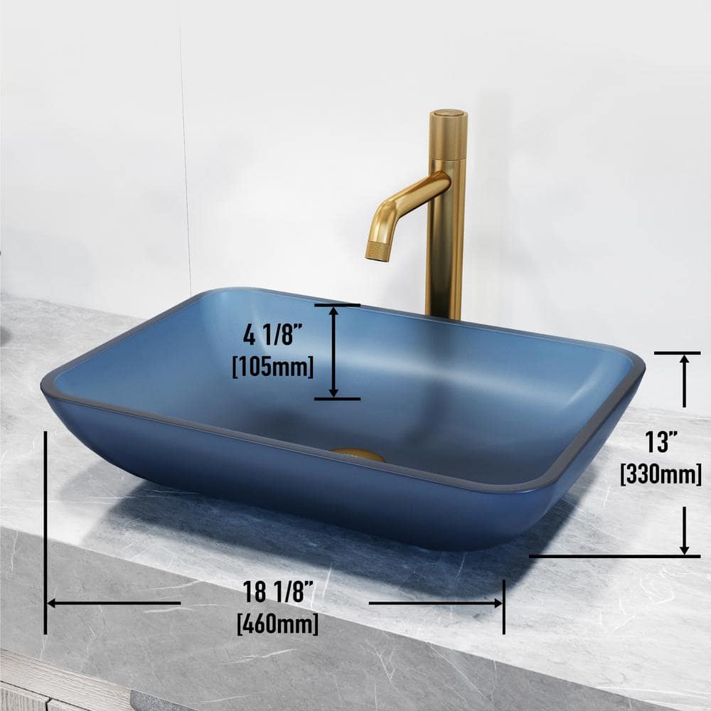Matte Brushed Gold and Blue Glass Rectangular Vessel Sink Set