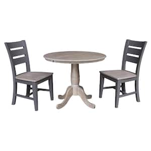 Set of 3-Pieces - Washed Gray Taupe 36 in. Round Extension Top Dining Table with 2 Side Chairs